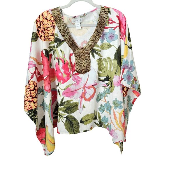 Peck & Peck 100% Linen Blouse L Floral Beaded Collar Poncho Oversize Boxy Kimono - Picture 1 of 14